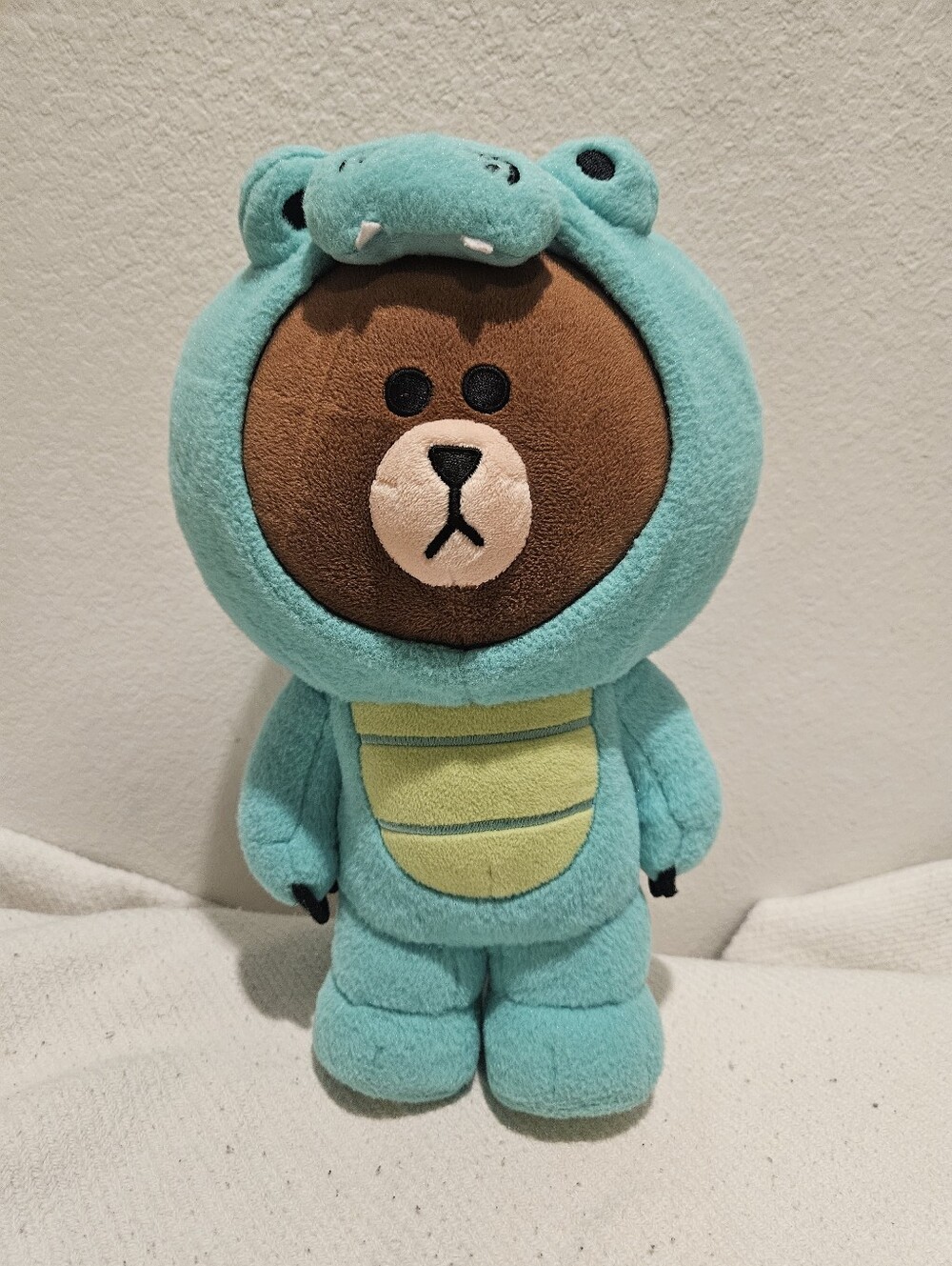 Brown Bear Plush in Teal Dinosaur Costume - Line Friends